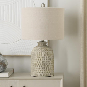 Home 24" Eggshell (Beige) Textured Honeycomb Cottage Farmhouse Table Lamp Table, Living Room, Dining