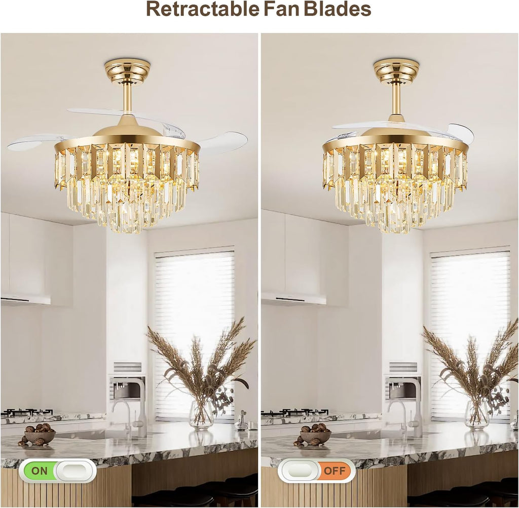 42" Fandelier Ceiling Fan with Light, Crystal Chandelier Fan with Retractable Blades Dimmable Crystal Ceiling Fan