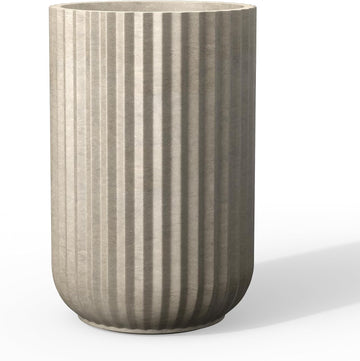 Large Round Column Weathered Concrete Planter 21.7" Tall, Outdoor | Fluted, Rubber Plug for Indoor, Drainage for