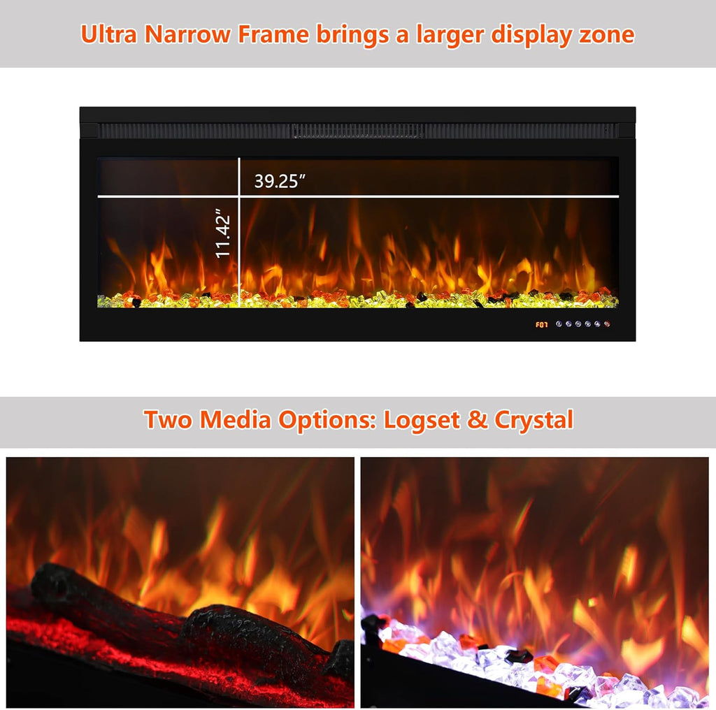 42 Inch Smart Wall Mount & in Wall Recessed Electric Fireplace Insert,App Control