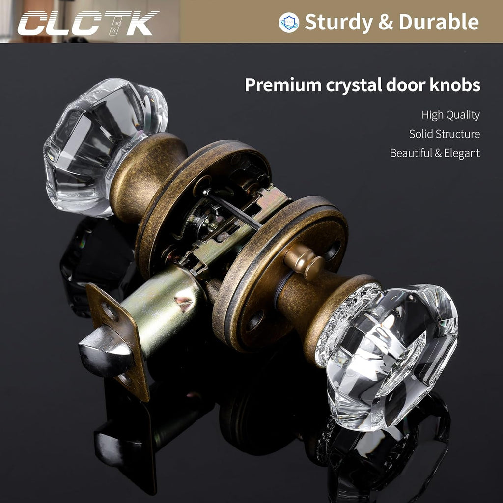 Glass Door Knobs Interior with Lock, Vintage Crystal Privacy Antique Brass Octagon Door Knobs Bathroom, 1 Pack