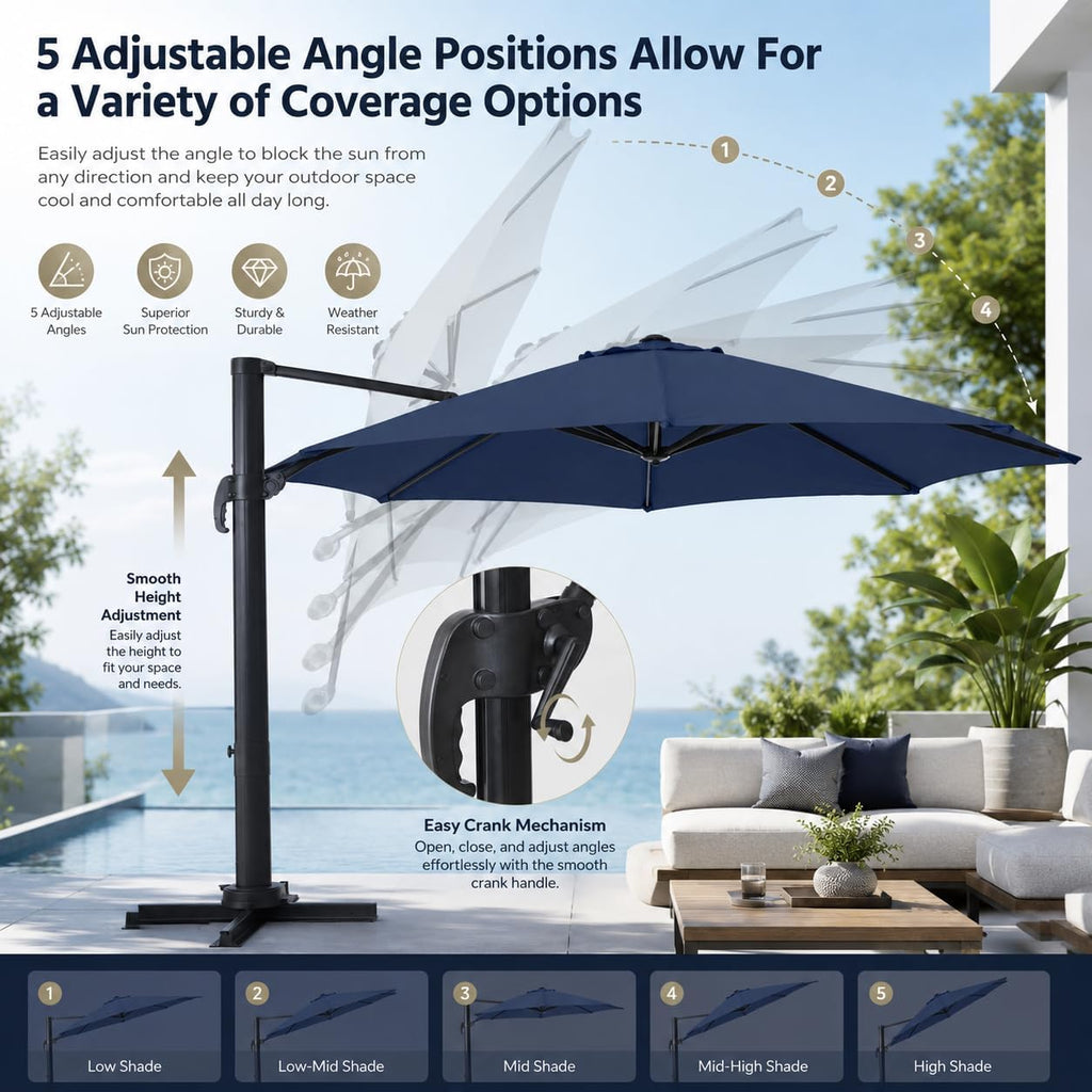 Patio Umbrella Outdoor, 10 FT Cantilever Umbrella Aluminum Offset Umbrella with 360-degree Rotation Pool, Lawn