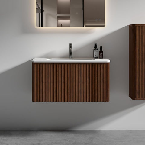30" Wall-Mounted Floating Bathroom Vanity with Sink, Large Storage Cabinet, One-Piece Basin with Overflow, Modern Brown Walnut