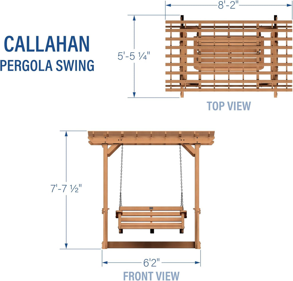 8' x 5' Cedar Wood Outdoor Patio Pergola Swing Bench with Trellis, Two-Person Seating, Chains