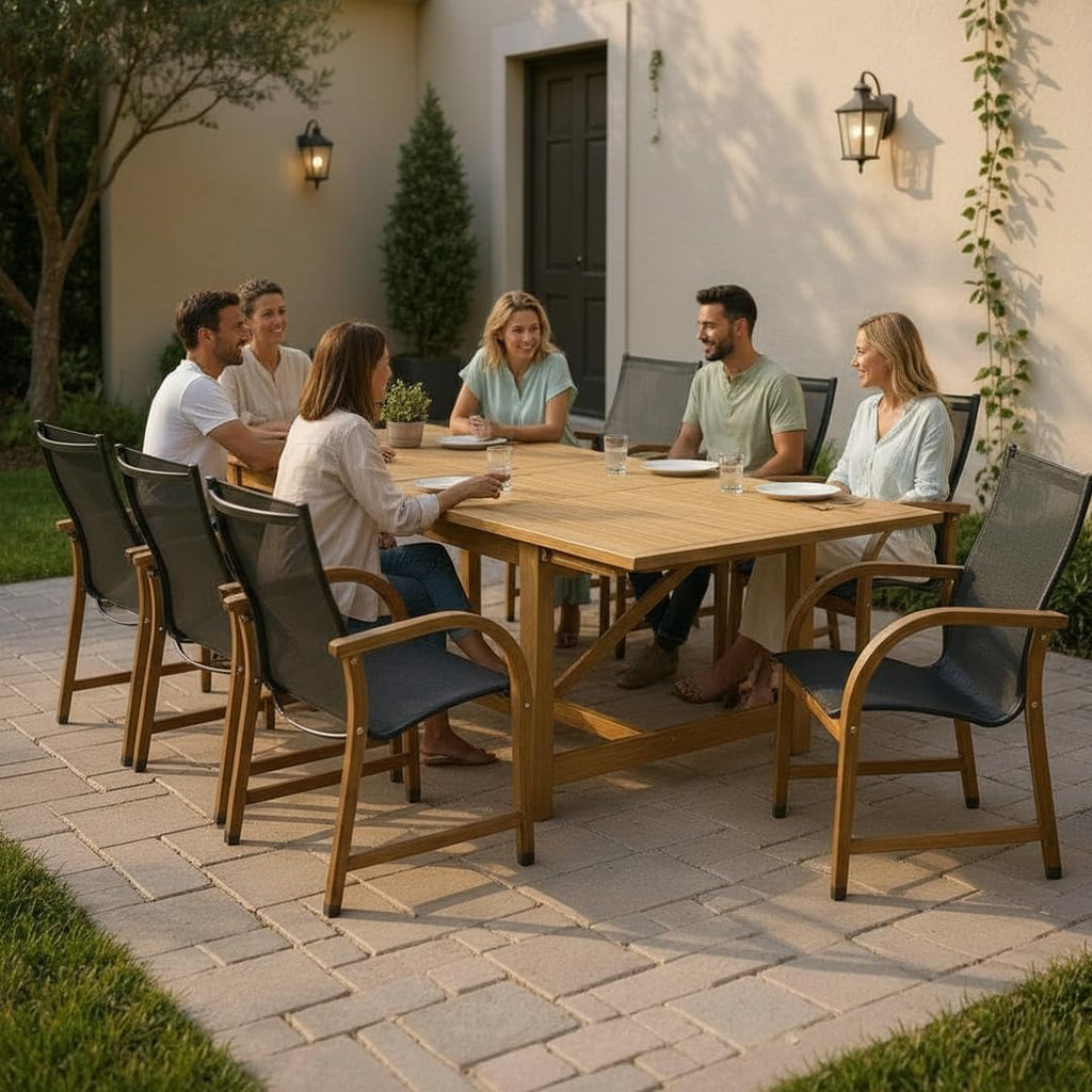 Franklin 9-Piece Rectangular Extendable Patio Dining Set Teak Finish and Weather-Net Technology Ideal for Outdoors