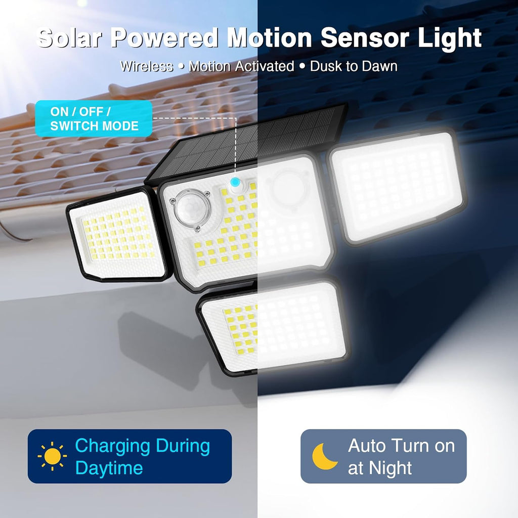 4500LM Solar Lights Outdoor Waterproof, 254 LED Solar Flood Lights Outdoor with 2 Motion Sensor, 4 Heads Security