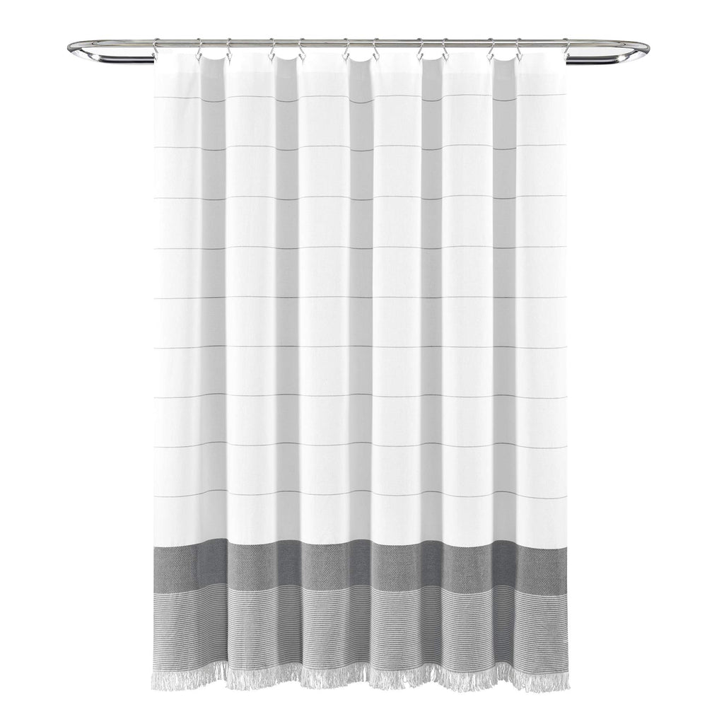 White Woven Cotton with Gray Stripe and Tassel Fringe, Bathroom Accessories (72" x 72")
