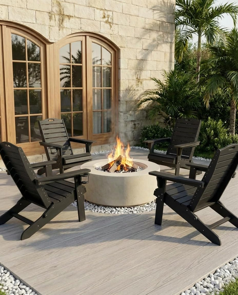 Folding Adirondack Chair with Retractable Ottoman Weather Resistant Fire Pit Chair Patio Chair with 2 Cup Holder Lawn