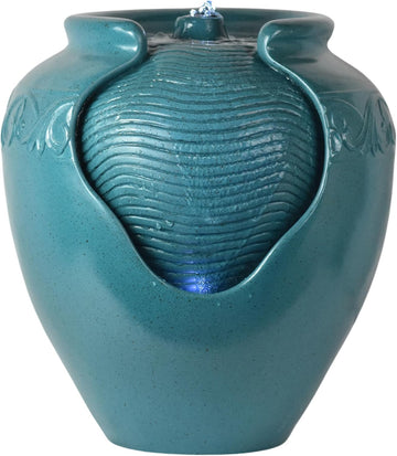 Floor Glazed Pot Water Fountain with Built-in LED Light and Pump Indoor Patio Garden Backyard Decking Home Décor, 17
