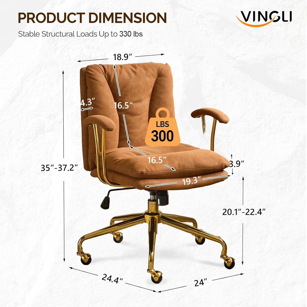 Home Office Desk Chair Comfy with wheels&Removable Armrests,Gold Base Vanity Chair with Back,Adjustable Rolling