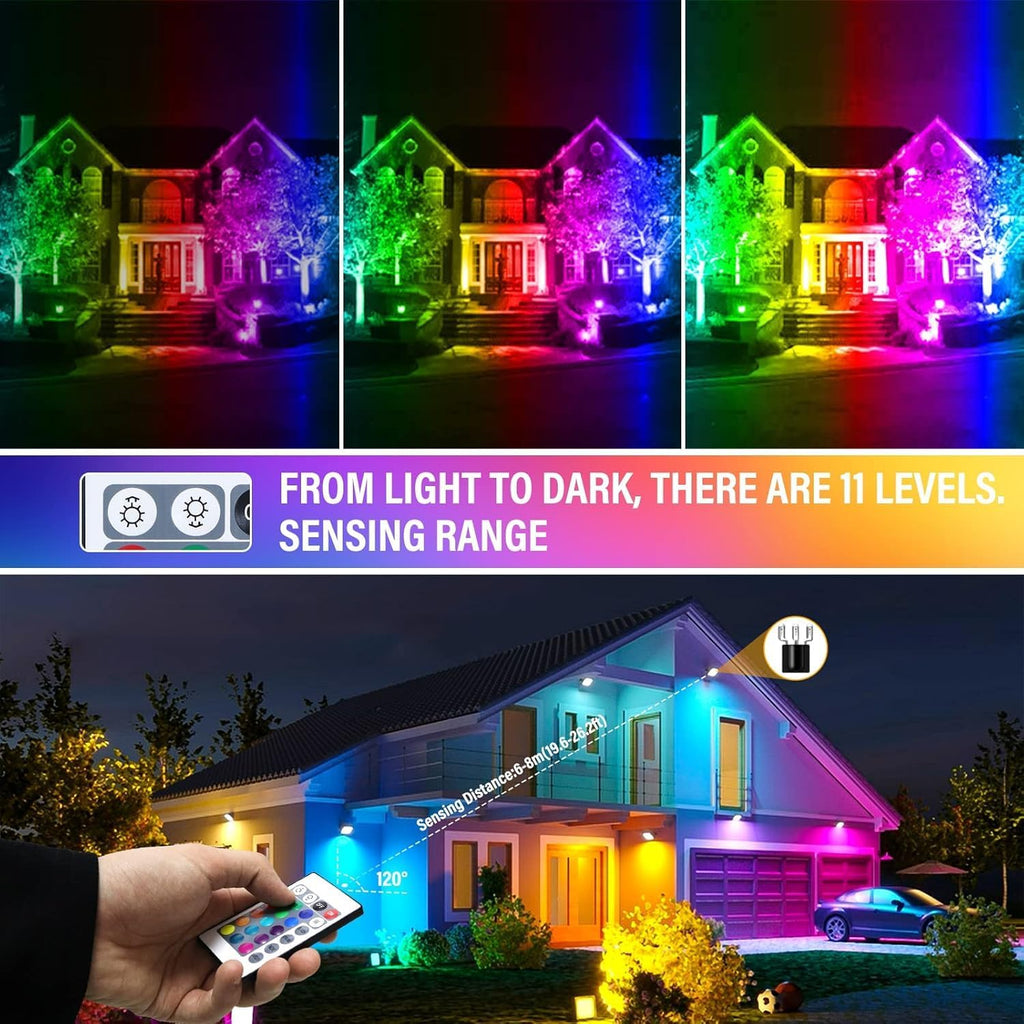 4-Pack 30W RGB LED Flood Light, Remote Outdoor Color Changing Light | 16-color changing, IP66 waterproof, remote