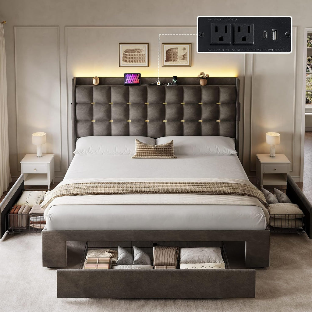 Queen Bed Frame with 3 Storage Drawers and RGB LED Lights