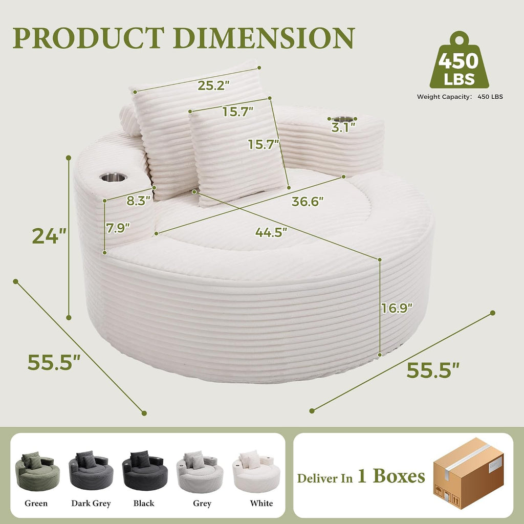 55.5" Oversized Round Chaise Lounge Chair Indoor, Corduroy White | Modern Upholstered Boneless Chair, Deep Seat