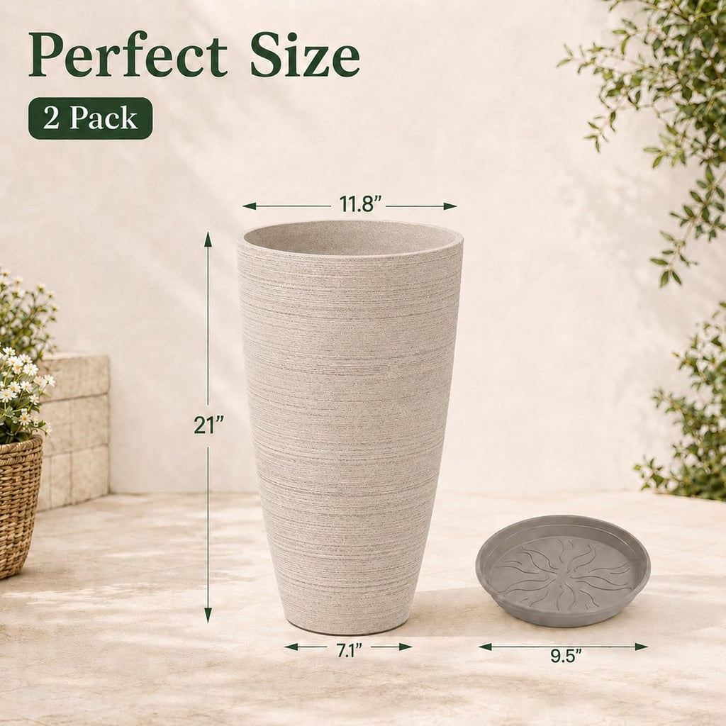 Set of 2 Tall Planter, 21 inch Large Planter, Oat Color | Ceramic-Look, Lightweight, Built-in Drain Hole, Saucers