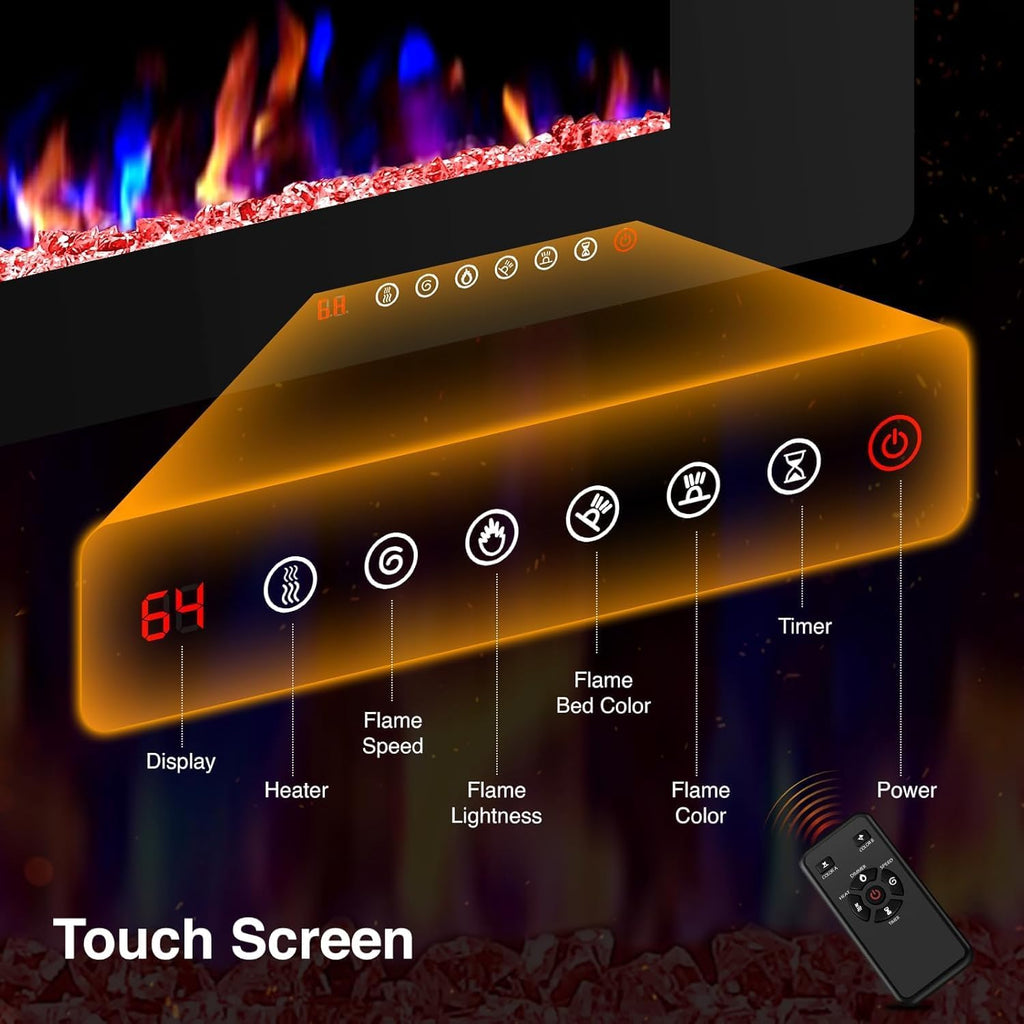 42" Electric Fireplace with Remote Ultra-Thin & Quiet Wall-Mounted Recessed Heater, Adjustable 12-Color Flame