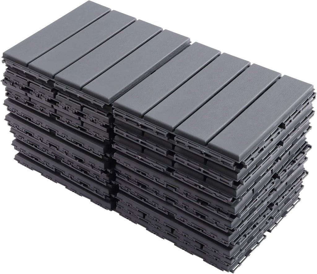 30PCs Plastic Interlocking Patio Deck Tiles,12"x12" Waterproof Outdoor Flooring,Dark Grey Outdoor Imitation Wood