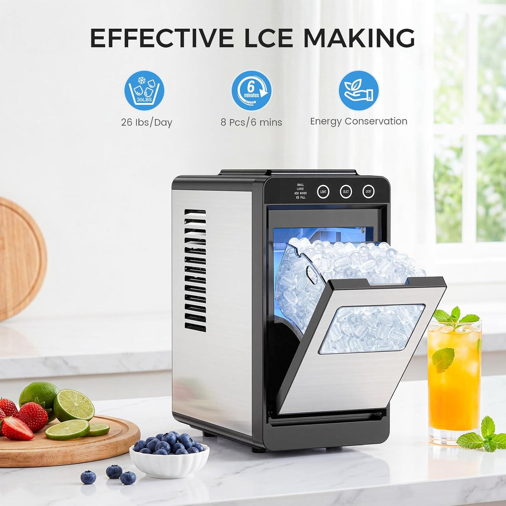 Ice Maker Countertop, Portable Ice Machine with Self-Cleaning, 8 Cubes in 6 Mins, 26 lbs/24Hrs, Quiet Commercial