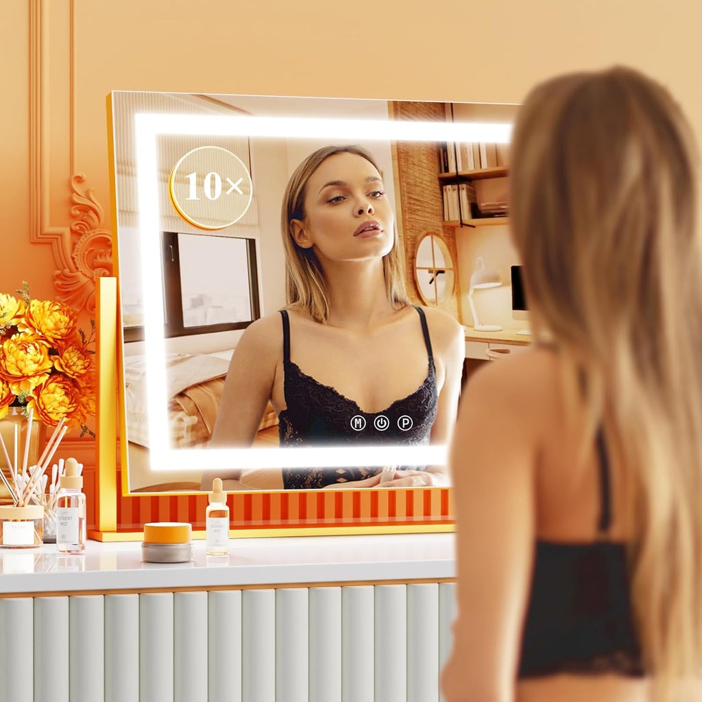 Lighted Makeup Mirror, 17.3"x13" Hollywood Vanity Mirror with Lights, Three Color Lighting Modes, and 5X Magnification