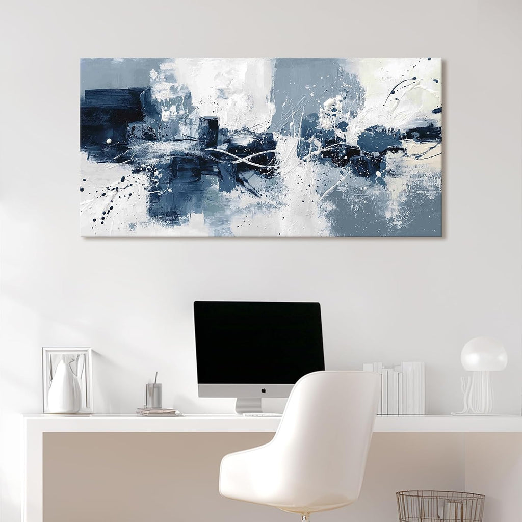 Large Navy Blue White Abstract Wall Art Modern Geometric Abstract Canvas Painting Prints Minimalist Artwork Dining