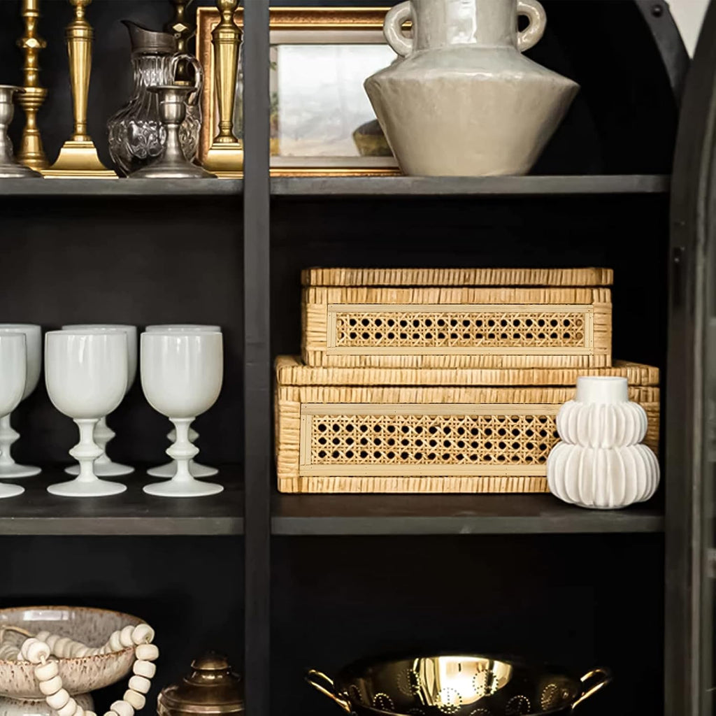 Large Handwoven Boho Rattan Display Boxes with Glass Lids Set of 2 | Rectangular Decorative Storage Bins Natural