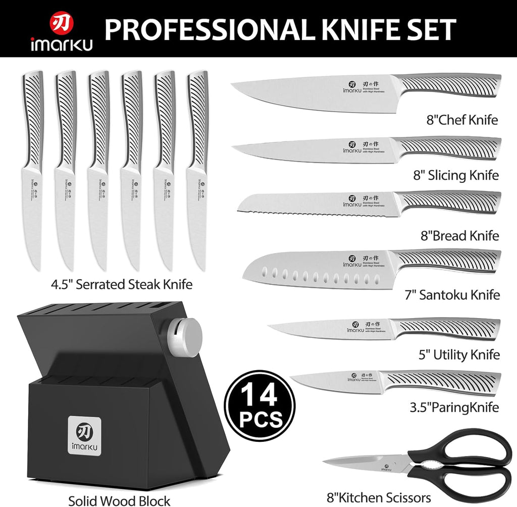 14-Piece Knife Block Set, Knife Set with Block and Build-in Sharpener, Japanese Stainless Steel Knife Set for Lasting