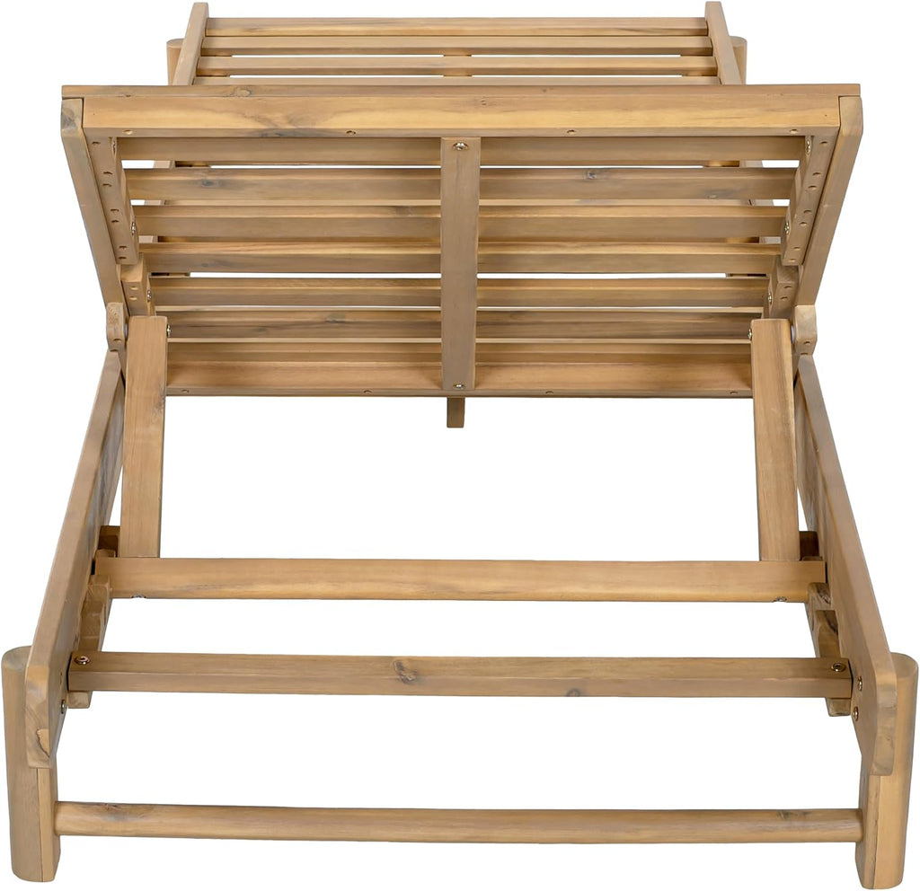 Patio Acacia Wood Chaise Lounge w/ Cushion, Outdoor Folding Chair Recliner | 1 Frame + 1 3-Fold 4" Thick Cream