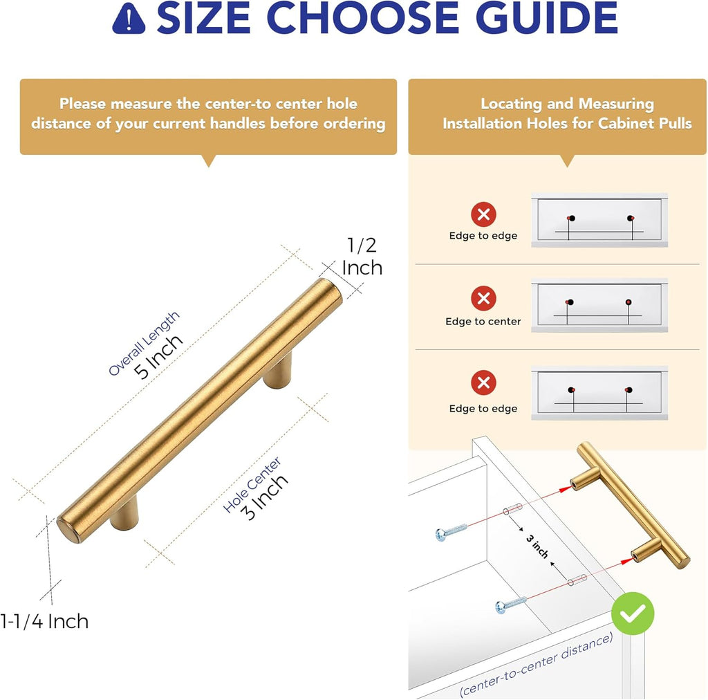 30 Pack 5 Inch Cabinet Pulls Brushed Brass Stainless Steel Kitchen Drawer Pulls Cabinet Handles 5”Length, 3” Hole Center