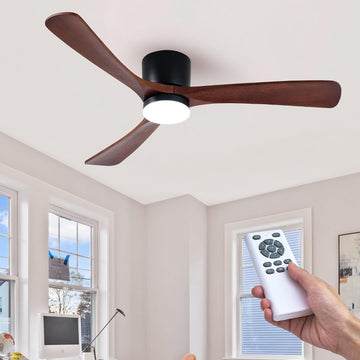 Modern 52 Inch Low Profile Flush Mount Ceiling Hugger Fan with LED Lights and Remote Control - 3 Wood Blades, Reversible DC Motor, 6 Speeds, Timer - Walnut and Matte Black