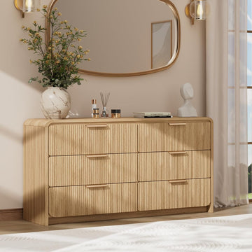 Fluted 6 Drawer Dresser, 47" Wide Wooden Storage Chest with Rounded Curved Corners and Gold Handles, Natural Oak Wood