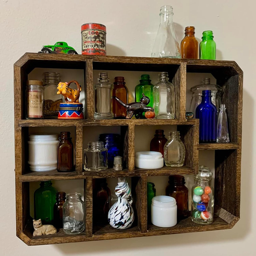 Rustic Shadow Box Display Shelf, 9 Compartments Wood Hanging Display Floating Shelves, Multi-Slot Wall Mounted or