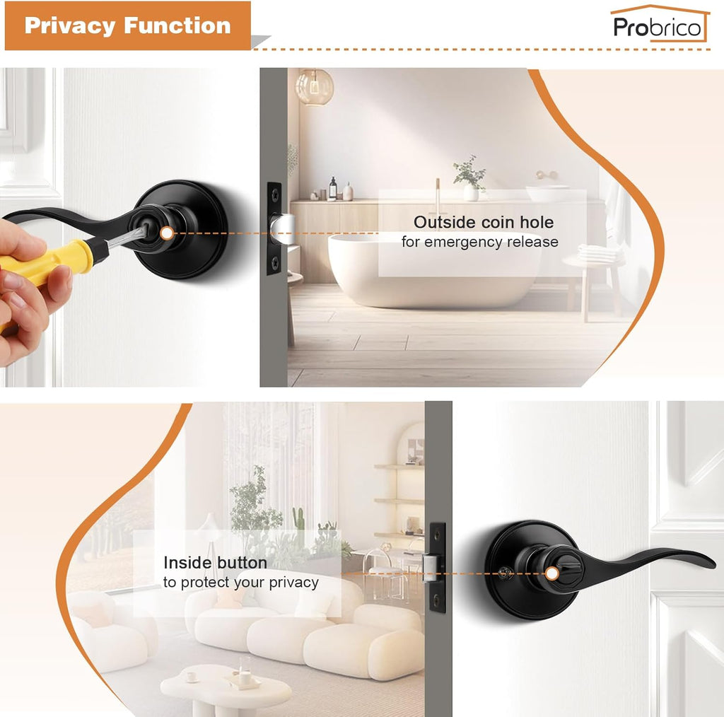 Matte Black Wave Style Bed/Bath Door Levers, Privacy Door Levers Interior Door Handles Bathroom
