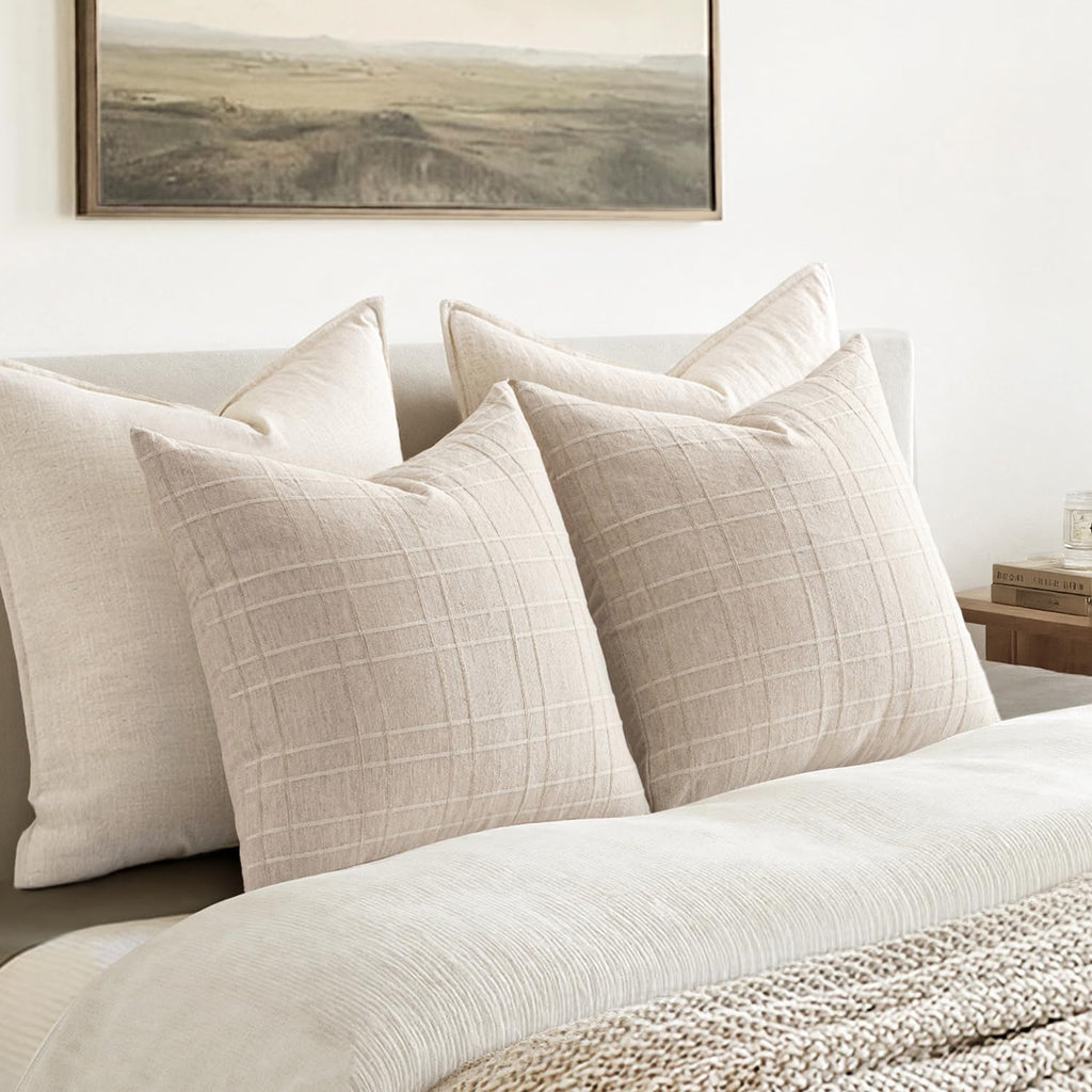 Decorative Linen Check Euro Shams Throw Pillow Covers Neutral Farmhouse Vintage Pillow Covers 26x26 Set of 2 Boho