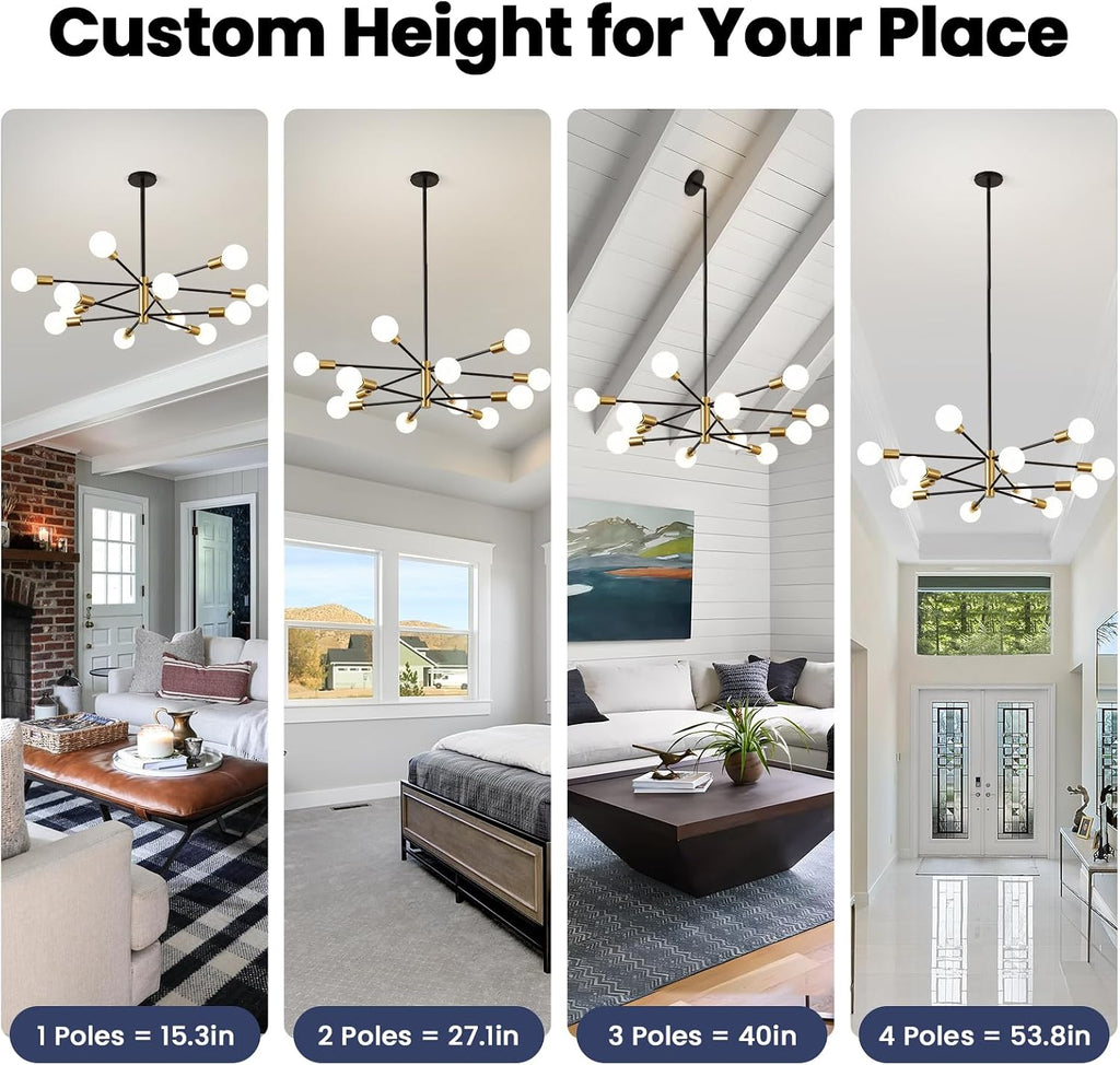 Modern Chandelier Ceiling Light Fixture - 33.4" 12-Light Gold and Black Sputnik Chandeliers, Height Adjustable