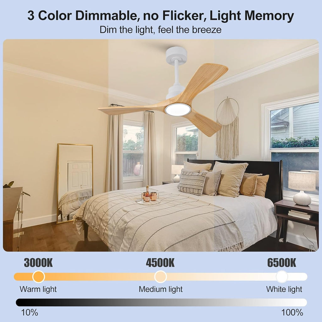 42 Inch Ceiling Fans with Lights and Remote, Dimmable, Natural Wood Ceiling Fan with Light