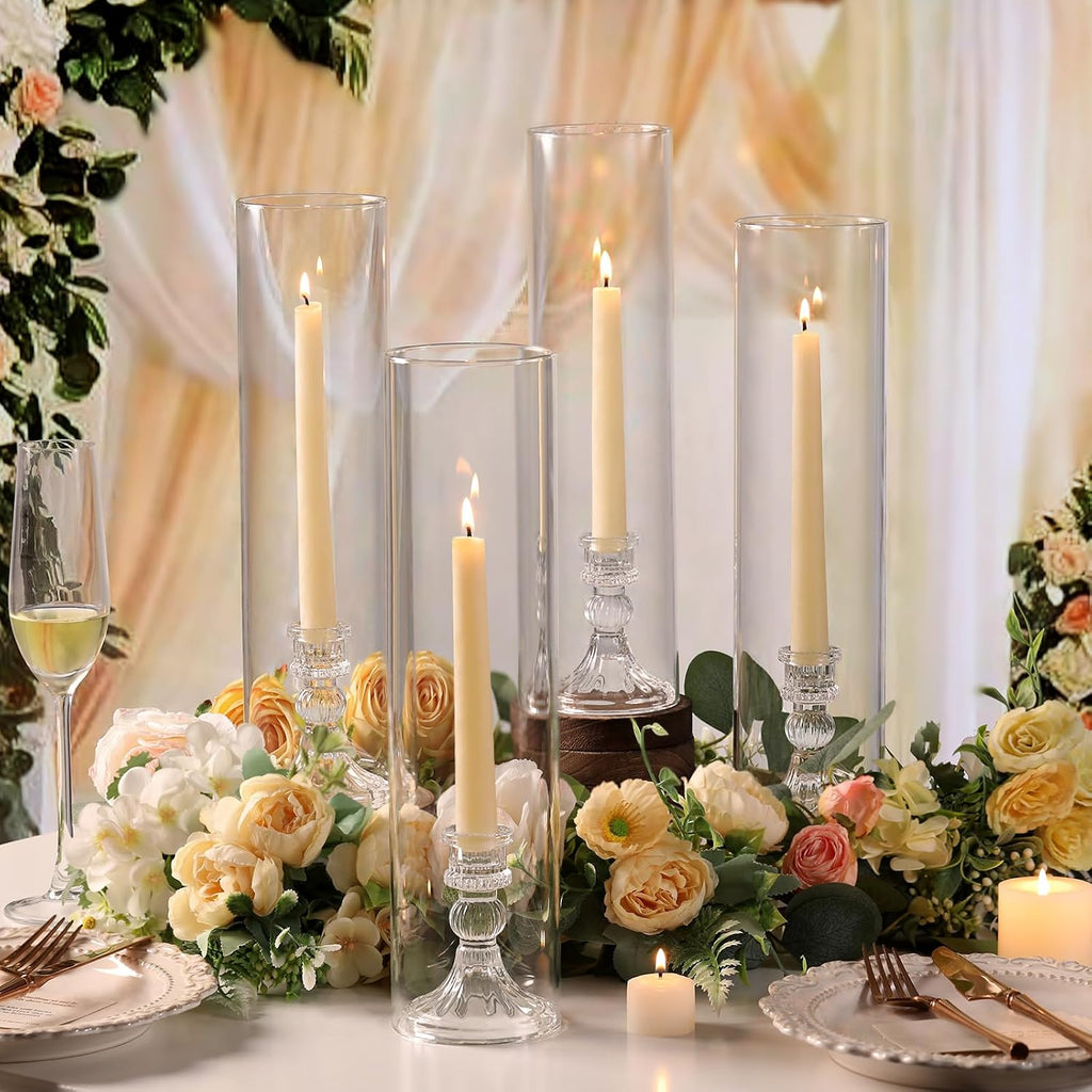 6 Set Hurricane Glass Candle Holders for Taper Candles, Vertical Striped Candlestick Holders with Windproof Glass