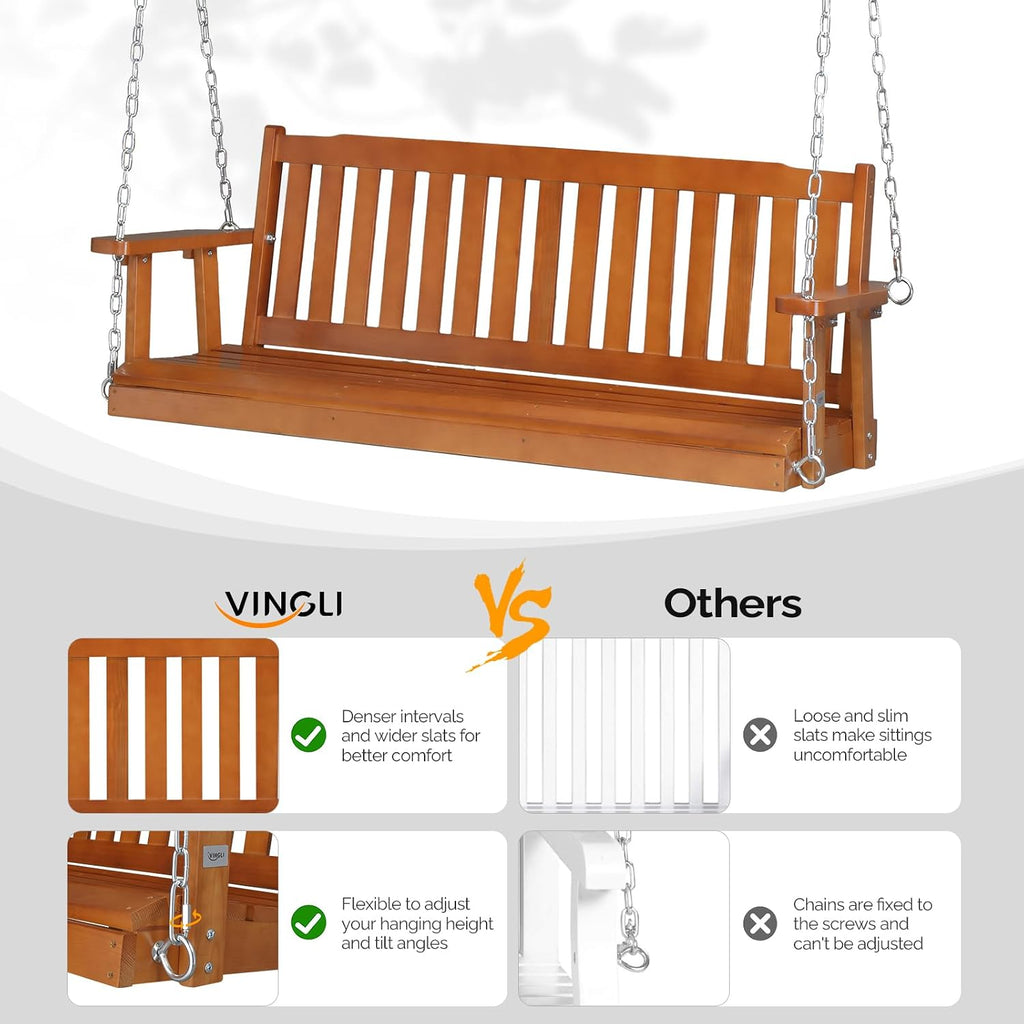 Upgraded 5 FT Wooden Porch Swing, 880 LBS Solid Fir Wood, Brown | Heavy-Duty Fir Wood Frame; 880-Lb Capacity;