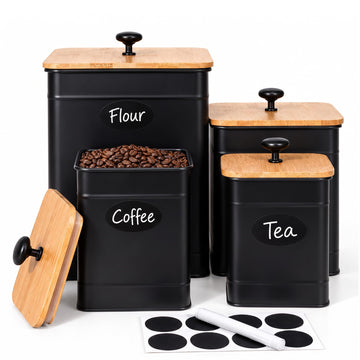 Kitchen Canister Set of 4, Airtight Metal Flour Sugar Containers Black