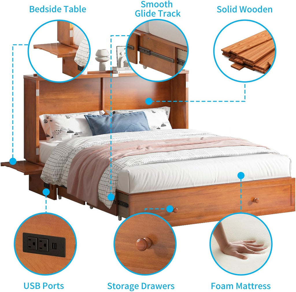 Murphy Bed with Mattress Included, Queen Murphy Bed Cabinet with Storage Drawer and Bedside Panel, Built-in Charging