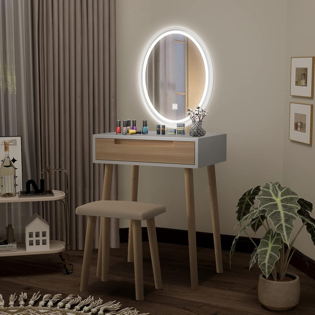 Makeup Vanity Table Set with 3 Modes Adjustable Lighted Mirror Cushioned Stool, Dressing Table for Small Space | 3