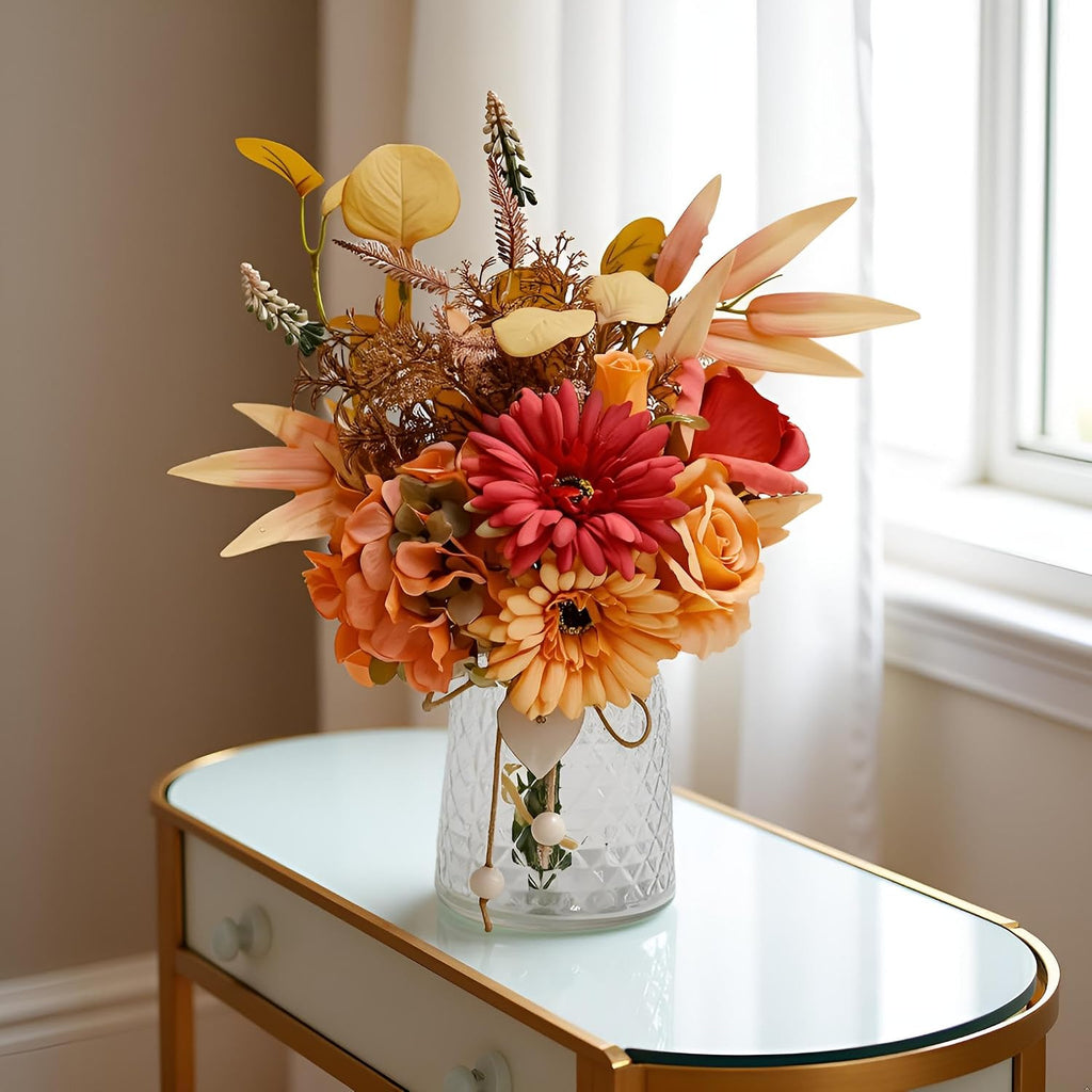Autumn Artificial Flower Bouquet in Vase, Fall Silk Flower Arrangement, Faux Floral Centerpiece Decor, Table