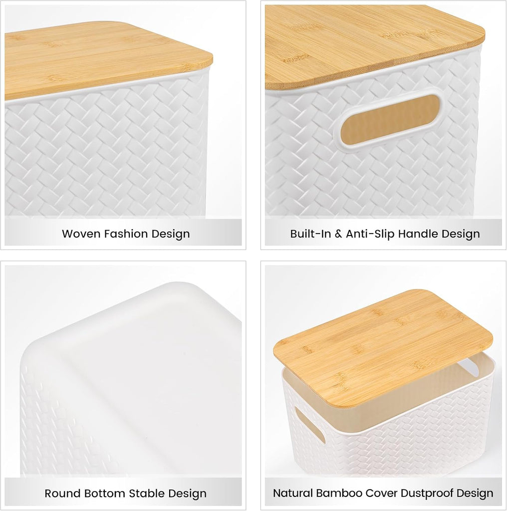4 Packs Storage Bins with Bamboo Lids - Plastic Storage Containers with Lids Stackable Storage Box:Storages Baskets