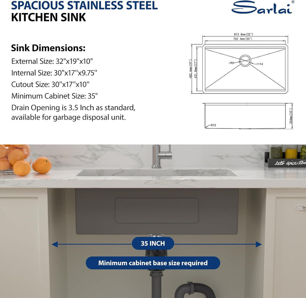 32 Kitchen Sink Undermount 32 x 19 Inch Undermount Sink Workstation | Premium 16 Gauge Stainless Steel Deep Single