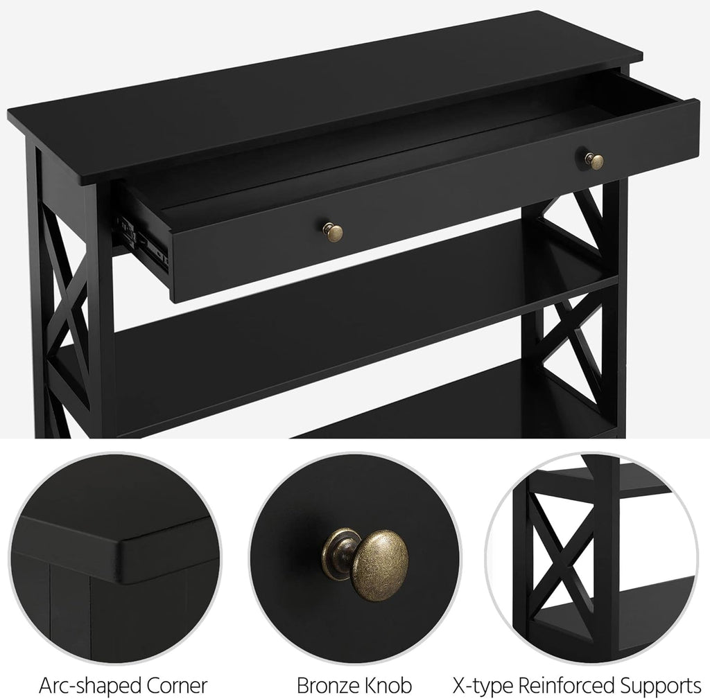 Console Table with Drawer, 39.5 Inch Narrow Sofa Table with Storage Shelves, 3-Tier Wood Entryway Table /Living