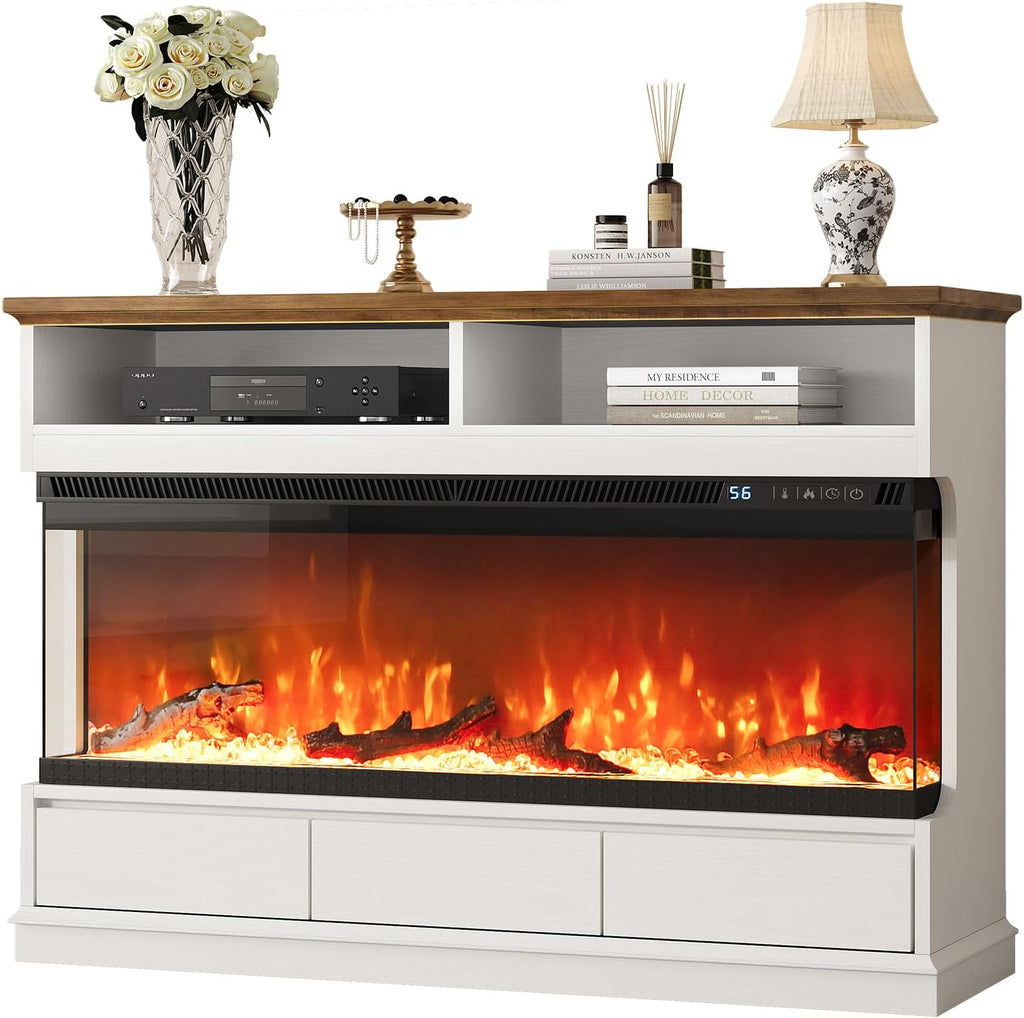 Fireplace TV Stand with 50" Electric Fireplace, Fireplace Entertainment Center with 3-Side Glass Insert, 3 Drawers