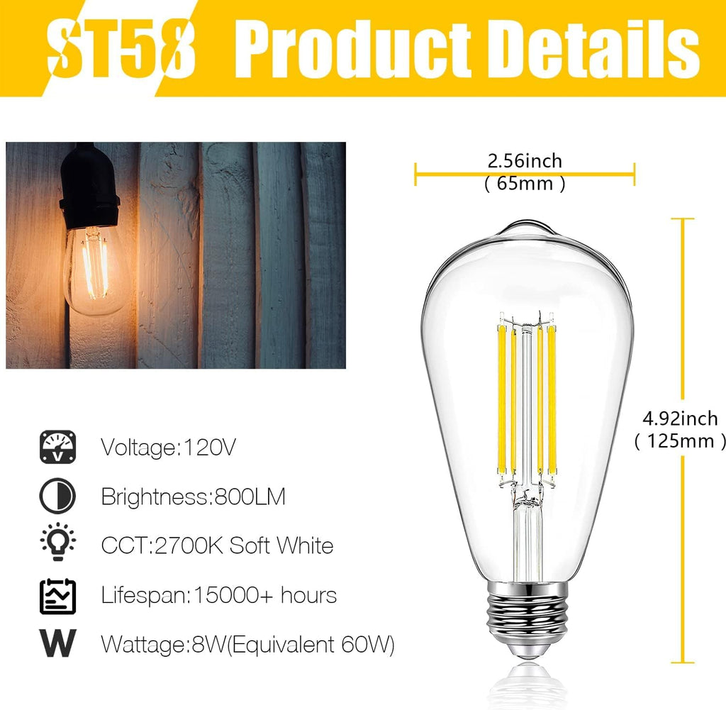 4 Pack Vintage LED Edison Bulbs, E26 Led Bulb 60W Equivalent, Dimmable Led Light Bulbs, High Brightness 800 LM Warm