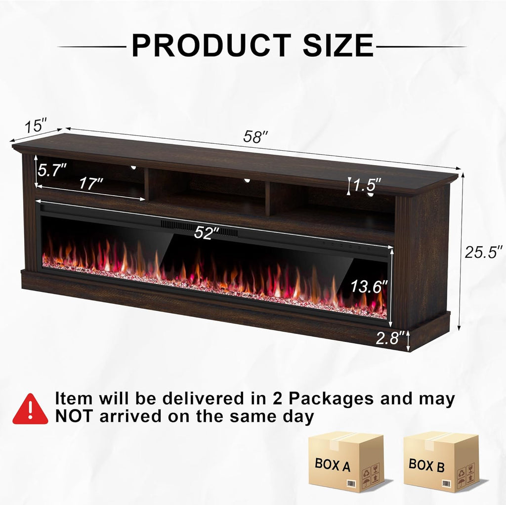 58 Inch Farmhouse Fireplace TV Stand for TVs up to 65 Inches, Entertainment Center with 52 Inch Electric Fireplace, LED Lights, Brown Media Console