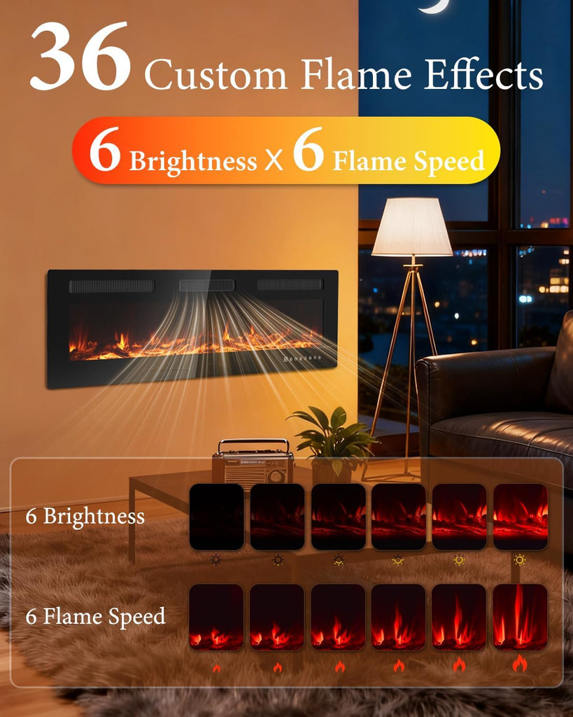 60" Electric Fireplace Insert| Wall Fireplace Electric with 3 Remote Controls |36 Custom Flame Effects