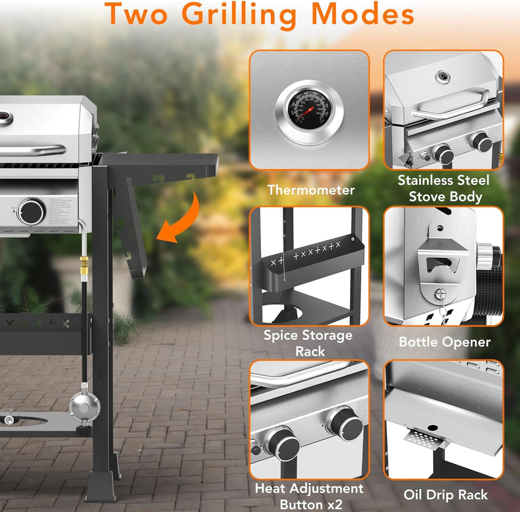 2-Burner Propane Gas Grill with Cast Iron Frying Pan and Grates Combo, 16,000 BTU Stainless Steel BBQ Grill for Patio, Backyard, and Outdoor Parties