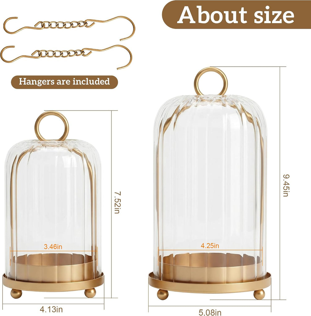 Vintage Brass Metal Candle Lantern with Ribbed Thick Glass Dome - Set of 2 Shabby Chic Style Candle Holders