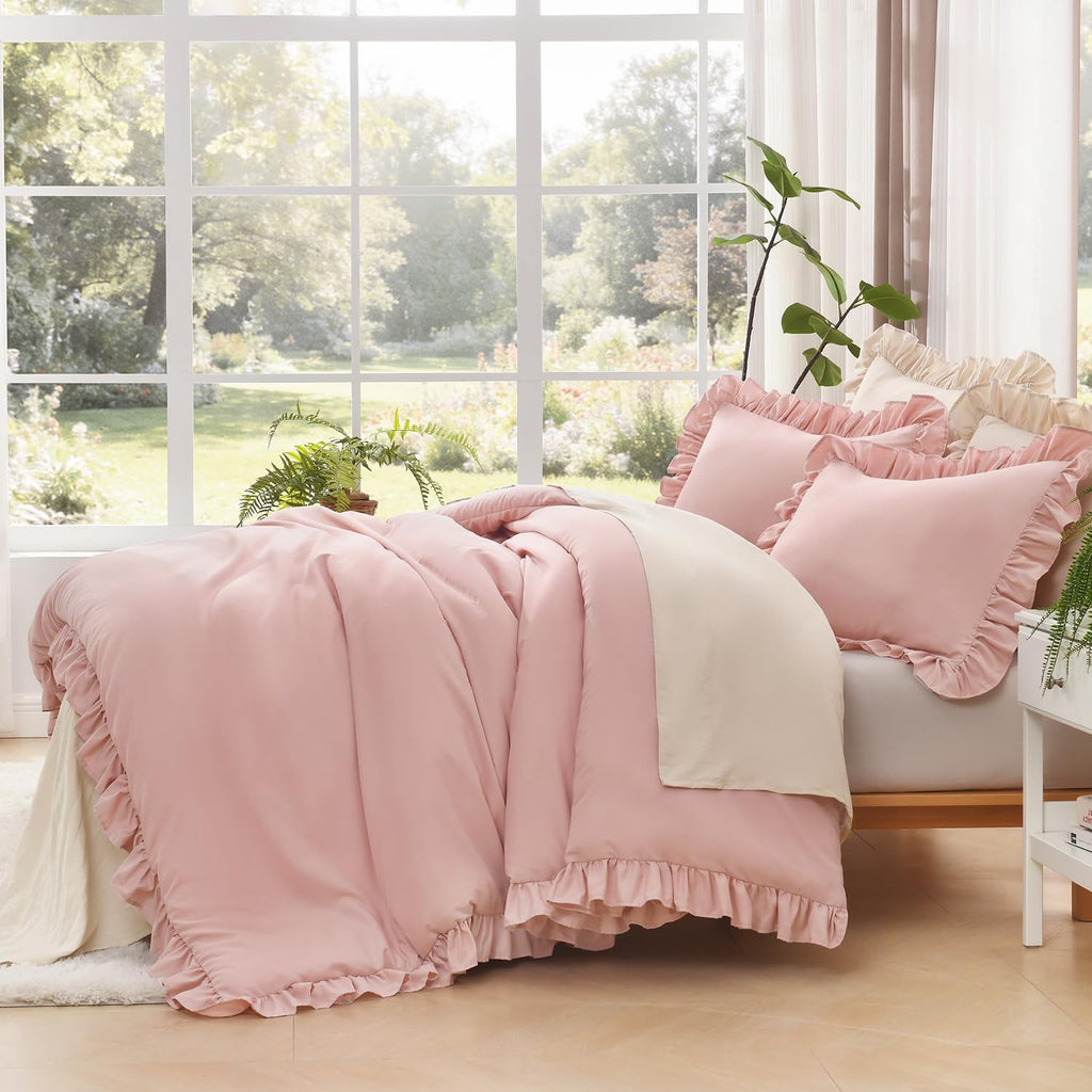 Comforter Sets, 3 Pieces Blush Pink Ruffle Girls Women Cute Bedding Comforters & Sets, Lightweight Fluffy
